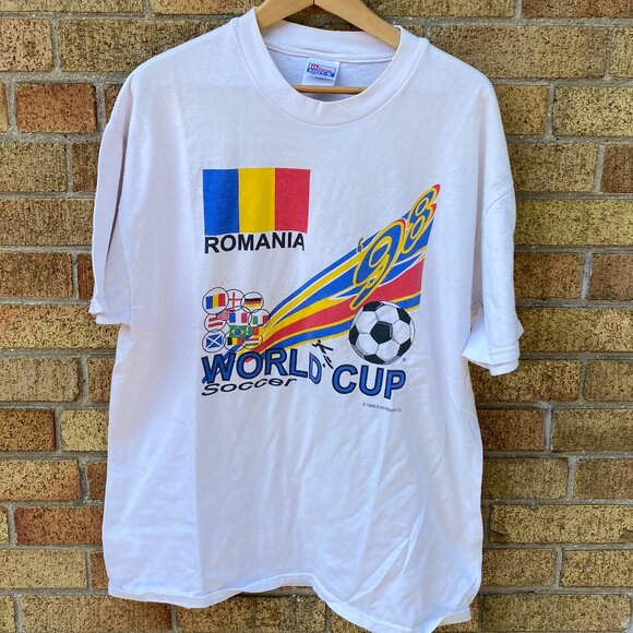 Vintage 1998 EuroSport Fifa World Cup Soccer Shirt Romania XL Hanes Beefy T - Picture 1 of 5